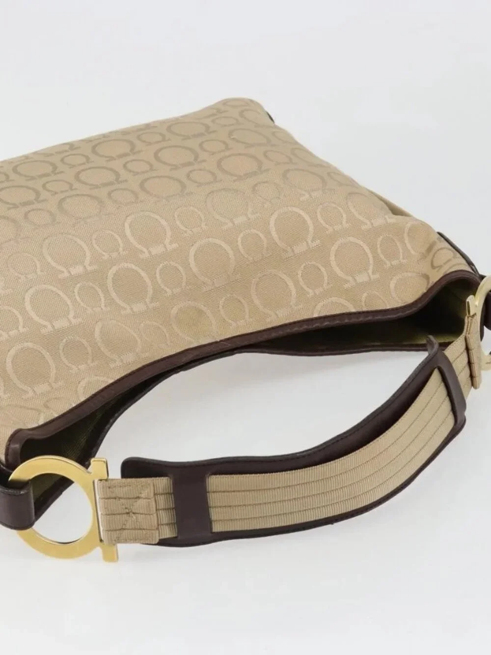 Salvatore Ferragamo Shoulder Bag Canvas Beige Gold Auth hk3800